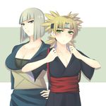  alternate_hair_color blonde_hair blue_eyes blush breast_envy breasts cleavage fishnets green_eyes headband ichii_(pixiv) large_breasts multiple_girls naruto naruto_(series) naruto_shippuuden samui_(naruto) short_hair silver_hair temari 