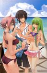  2girls artist_request beach bikini black_hair c.c. code_geass day flipped_hair green_hair headband kallen_stadtfeld lelouch_lamperouge long_hair male_swimwear multiple_girls outdoors pink_hair short_hair swim_briefs swimsuit swimwear yellow_eyes 