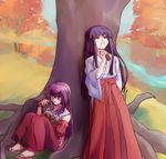  autumn blue_hair detached_sleeves food furude_rika hakama hanyuu higurashi_no_naku_koro_ni horns iiru japanese_clothes miko multiple_girls purple_eyes purple_hair red_hakama sandals sitting sweet_potato tree 