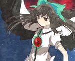  black_wings bow brooch expressionless gem green_bow hair_bow jewelry looking_afar machiko_(beard) puffy_short_sleeves puffy_sleeves red_eyes reiuji_utsuho shirt short_sleeves solo third_eye touhou upper_body white_shirt wings 