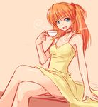  bare_shoulders blue_eyes cup dress kakaon long_hair neon_genesis_evangelion non-web_source red_hair sitting sketch smile solo souryuu_asuka_langley tea yellow_dress 