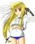  bardiche bibi blonde_hair breasts buruma covered_nipples fate_testarossa gym_uniform large_breasts long_hair low-tied_long_hair lyrical_nanoha mahou_shoujo_lyrical_nanoha_strikers red_eyes solo translated 