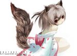  animal_ears bare_shoulders brown_hair copyright_request japanese_clothes kimono liki looking_back petals red_eyes sitting solo tail 