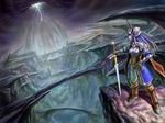 armor blue_hair blue_skin cat_shi cliff fantasy long_hair mountain original scenery solo storm sword weapon 