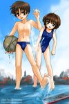  1girl bad_id bad_pixiv_id barefoot brown_eyes brown_hair cardcaptor_sakura destruction feet fire giant giantess green_eyes kinomoto_sakura li_xiaolang male_swimwear oil_refinery oil_tanker one-piece_swimsuit school_swimsuit ship short_hair splashing swim_briefs swimsuit swimwear torajimaneko wading water watercraft 