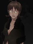  akizuki_ritsuko antenna_hair bad_id bad_pixiv_id bangs black_background black_shirt braid breasts brown_eyes brown_hair brown_lipstick cleavage closed_mouth collarbone fur_trim glasses idolmaster idolmaster_(classic) idolmaster_1 juu_(juuzi) light_smile lipstick looking_away looking_to_the_side makeup medium_breasts rimless_eyewear shirt short_sleeves short_twintails solo twin_braids twintails upper_body 