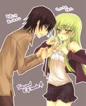  1girl bad_id bad_pixiv_id blush bust_measuring c.c. code_geass green_hair lelouch_lamperouge long_hair measuring mizunomoto skirt tape_measure translated yellow_eyes 