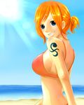  back bad_id bad_pixiv_id beach bikini blue_eyes breasts day highres large_breasts looking_back miura nami_(one_piece) ocean one_piece orange_bikini orange_hair outdoors ponytail smile swimsuit tattoo 