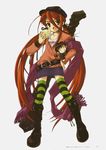  absurdres alastor_(shakugan_no_shana) belt boots bread buckle food full_body highres itou_noiji jewelry melon_bread pendant red_eyes red_hair sakai_yuuji shakugan_no_shana shana simple_background solo standing striped striped_legwear thighhighs 