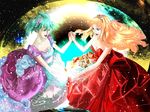  bad_id bad_pixiv_id blonde_hair blue_eyes diadem dress flower gloves green_hair holding_hands liran_(iro) long_hair macross macross_frontier multiple_girls music ranka_lee red_eyes sheryl_nome short_hair singing space star 