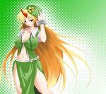  blonde_hair breasts china_dress chinese_clothes cleavage cosplay covered_nipples dress hat hong_meiling hong_meiling_(cosplay) horn hoshiguma_yuugi large_breasts long_hair midriff multicolored_hair solo touhou very_long_hair zaki_(artist) 