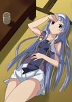  bangs blue_hair blunt_bangs date_(senpen) floor hair_tubes kannagi long_hair lying nagi pleated_skirt skirt solo white_skirt 