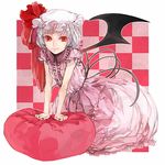  arm_support border checkered checkered_background dress hat looking_at_viewer mob_cap pillow pink_dress puffy_short_sleeves puffy_sleeves red_eyes remilia_scarlet short_sleeves silver_hair simple_background solo touhou xero 