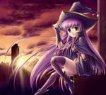  amane_(funfun) cape gloves green_eyes hat long_hair original purple_hair sitting solo sunset thighhighs very_long_hair witch_hat 