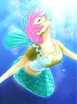  bubble camie closed_eyes fins happy light_rays lips looking_up mermaid midriff miura monster_girl navel one_piece outstretched_arms pink_hair scales shirt short_hair smile solo spread_arms sunbeam sunlight underwater 