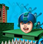  :d arm_cannon arms_up blue_background blue_eyes building disembodied_head helmet ladder looking_at_viewer masao multiple_persona open_mouth platform realistic rockman rockman_(character) rockman_(classic) simple_background smile spikes teeth weapon window 