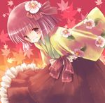  camellia flower hieda_no_akyuu japanese_clothes kimono leaf purple_hair short_hair solo suzuki_ao touhou 