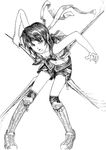  boots final_fantasy final_fantasy_vii final_fantasy_vii_advent_children greyscale hataori headband midriff monochrome navel short_hair shorts solo weapon yuffie_kisaragi 