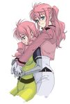  bangs belt blue_eyes blush bodysuit dual_persona elbow_gloves feldt_grace gloves gundam gundam_00 hug hug_from_behind jacket multiple_girls pink_hair ponytail satou_atsuki smile thighhighs time_paradox yellow_bodysuit 