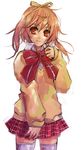  akihime_sumomo hair_ribbon nanatsuiro_drops orange_eyes orange_hair pisuke plaid ribbon school_uniform skirt solo sweater thighhighs 