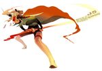  blonde_hair brown_eyes cape copyright_request horns iwamoto_zerogo long_hair mecha_musume solo sword thighhighs weapon 