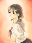  black_skirt blush brown_eyes brown_hair from_side neckerchief original pleated_skirt sailor_collar school_uniform serafuku skirt smile solo upper_body yuuki_keisuke 