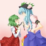  aqua_hair ascot bdsm blush bondage bound chain collar food fruit green_eyes green_hair hat hinanawi_tenshi kazami_yuuka leash long_hair multiple_girls peach plaid plaid_skirt plaid_vest ribbon role_reversal short_hair skirt skirt_set tears tongue toritora touhou vest 