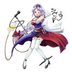  breasts character_name cleavage elbow_gloves garters gloves high_heels idol intravenous_drip long_hair medium_breasts microphone microphone_stand mikagami_hiyori nurse one_eye_closed shoes solo stethoscope syringe thighhighs touhou yagokoro_eirin 