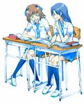  amami_haruka bad_id bad_pixiv_id bangs blue_hair book brown_hair chair desk full_body glasses hair_ribbon holding holding_pen idolmaster idolmaster_(classic) idolmaster_live_for_you! juu_(juuzi) kisaragi_chihaya kneehighs long_hair looking_at_another multiple_girls necktie notebook open_book pen pencil_case plaid ribbon rough_time_school school_desk school_uniform shirt shoes short_hair short_sleeves simple_background sitting skirt sleeves_folded_up smile sweatdrop uwabaki white_background 