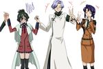  2girls black_hair blue_eyes blue_hair cecile_croomy closed_eyes code_geass dress furekuru_(freckle) glasses holding_hands lloyd_asplund multiple_girls nina_einstein short_hair smile thighhighs v 