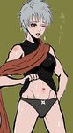  arc_the_lad arc_the_lad_ii bare_shoulders blush cowboy_shot genderswap genderswap_(mtf) green_background hand_on_hip ike_ko midriff navel shu_(arc_the_lad) silver_hair simple_background skin_tight solo standing stomach 