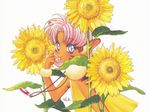  90s animal_ears flower highres merle_(tenkuu_no_escaflowne) pink_hair solo tenkuu_no_escaflowne white_background yuuki_nobuteru 