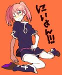  bangs bare_arms bare_legs blue_eyes blush boots closed_mouth cross_print eyebrows_visible_through_hair frown full_body highres looking_down male_focus nirmeli one_eye_closed orange_background oshama otoko_no_ko pink_hair sanpaku sash short_sleeves simple_background sitting solo tartarus_dream tunic twintails wariza 