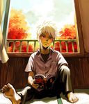  akagi akagi_shigeru barefoot book feet indoors male_focus reading red_eyes shirt solo tears ten_(manga) time_paradox tree white_hair younger yukihiko 