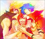  2boys artist_request blonde_hair blue_hair boy_sandwich closed_eyes holding_hands kamina kiss kittan multiple_boys open_mouth red_hair sandwiched smile tengen_toppa_gurren_lagann yoko_littner 