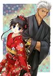  1girl 2005 alternate_hairstyle archer black_hair blue_eyes blush brown_eyes dark_skin dark_skinned_male fate/stay_night fate_(series) floral_background floral_print flower folded_ponytail hands_in_opposite_sleeves height_difference japanese_clothes kimono sato-pon toosaka_rin white_hair 