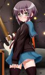  akito_(ao's_club) bangs cardigan glasses guitar instrument kita_high_school_uniform nagato_yuki panties pantyshot school_uniform short_hair solo suzumiya_haruhi_no_yuuutsu thighhighs underwear 