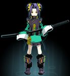  8055 belt boots china_dress chinese_clothes double_bun dress katana kikokugai knee_boots kneehighs kong_ruili long_hair oversized_clothes purple_hair rain sheath sheathed sleeves_past_fingers sleeves_past_wrists solo sword twintails weapon yellow_eyes 