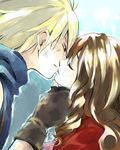  1girl aerith_gainsborough bad_id bad_pixiv_id blonde_hair brown_hair cloud_strife couple final_fantasy final_fantasy_vii gloves hetero hidaka_ryou kiss tears 