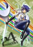  blue_eyes blue_hair boots cosplay gloves headset katana pants persona persona_4 reverse_trap segami_daisuke shirogane_naoto short_hair solo sword weapon yamato_takeru_(persona) yamato_takeru_(persona)_(cosplay) 