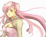  breasts brooch cleavage code_geass euphemia_li_britannia gem hair_bun jewelry large_breasts long_hair long_sleeves looking_at_viewer lowres pink_eyes pink_hair shoko_makiko solo 