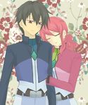  1girl arm_grab belt black_hair celestial_being_uniform couple feldt_grace flower gundam gundam_00 hetero jacket lowres pink_hair setsuna_f_seiei uuron_tea 