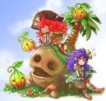  basket chibi dress elf fang flower fuju happy hat march_(trusty_bell) monster multiple_girls pointy_ears purple_hair red_hair salsa_(trusty_bell) siblings sisters tree trusty_bell 