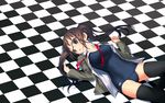  breasts brown_eyes brown_hair checkered floor glasses highres large_breasts long_hair lying no_pants open_clothes open_shirt ribbon school_swimsuit school_uniform shirt solo swimsuit thighhighs twintails uni uniform wallpaper zettai_ryouiki 