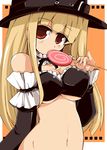  bare_shoulders black_dress blonde_hair blush bow bowtie bra breasts buckle candy capcom_fighting_jam cleavage collar covered_nipples detached_sleeves dress food frills hat ingrid large_breasts lingerie lollipop long_hair maid midnight_bliss midriff red_eyes ribbon shirogane_(platinum) solo swirl_lollipop top_hat underwear 