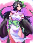  bad_id bad_pixiv_id black_hair bow breasts china_dress chinese_clothes copyright_request detached_sleeves dress earrings happy highres jewelry large_breasts long_hair no_panties open_mouth sideboob smile solo standing ueda_torini very_long_hair 