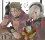  androgynous artist_request ash_crimson blonde_hair blue_eyes brown_eyes choker cigarette earrings food freckles gloves heart ice_cream jewelry multiple_boys necklace parfait shen_woo smoking sweets tattoo the_king_of_fighters translation_request 