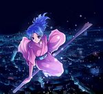  blue_hair botan_(yuu_yuu_hakusho) broom city flying japanese_clothes kasai_shin kimono light_particles long_hair night oar object_riding pink_eyes ponytail purple_eyes sidesaddle smile solo tabi yuu_yuu_hakusho 