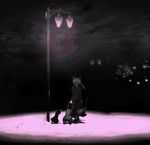  animal_ears back braid cat cat_ears ghost kaenbyou_rin kaenbyou_rin_(cat) lamppost light monochrome night pink solo time_paradox touhou twin_braids twintails wheelbarrow yoshioka_yoshiko 