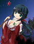  black_hair breasts cleavage copyright_request hakama huge_breasts japanese_clothes long_hair miko quo_qunqun red_hakama ribbon solo 